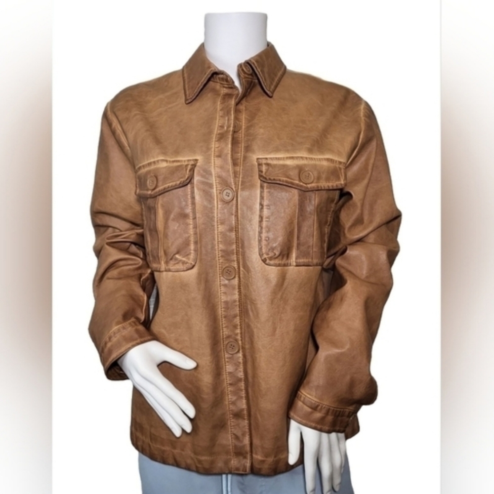 MAX STUDIO Western Style Shacket Shirt Jacket Fully Lined PU Leather Women's M